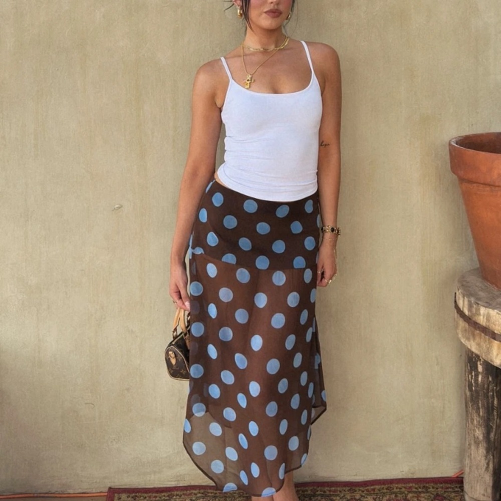 NWT Zara Polka Dot Asymmetric Semi Sheer Skirt Brown Blue Y2K 90s Womens Size M - Picture 3 of 11